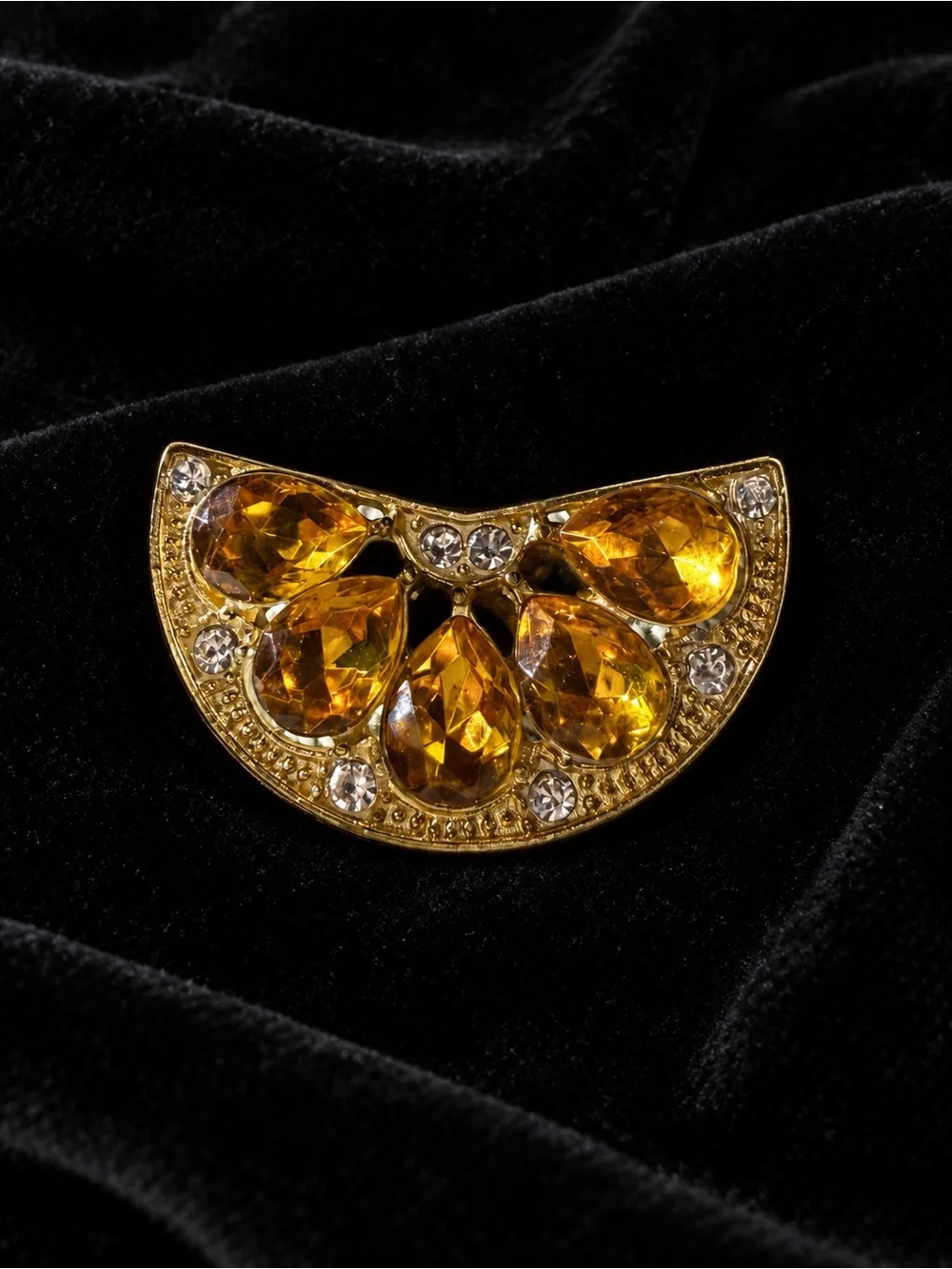 Gold and Amber Crystal Lemon Slice Brooch